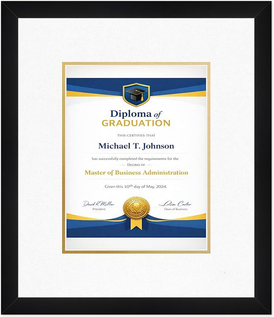 Diploma Frame Matte Black with Oyster Shell Over Gold Double Mat - Fits 8.5 x 11 Certificate (Portrait) Wall Display Made in the USA