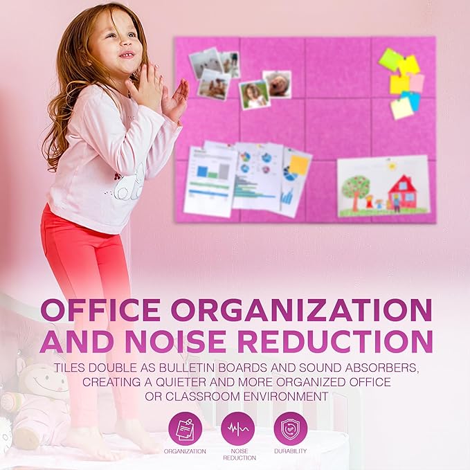 Bulletin Board 40x30in, 12 Count 9.8 x 9.8in Felt Wall Tiles with Removable Adhesive Tape, Cork Board Alternative for Walls, Wall Decor, Kids Art Display, Kids Room (Magenta Collection)