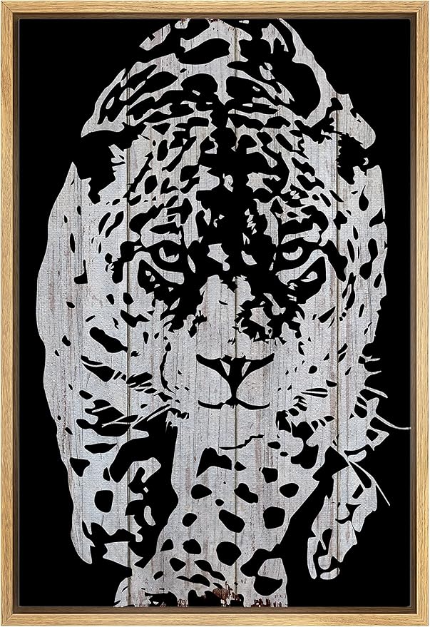 IDEA4WALL Framed Canvas Print Wall Art Grayscale Spotted Leopard Stalking on Wood Panels Animals WildLife Illustrations Modern Art Tropical Portrait for Living Room, Bedroom, Office - 24"x36" NATURAL