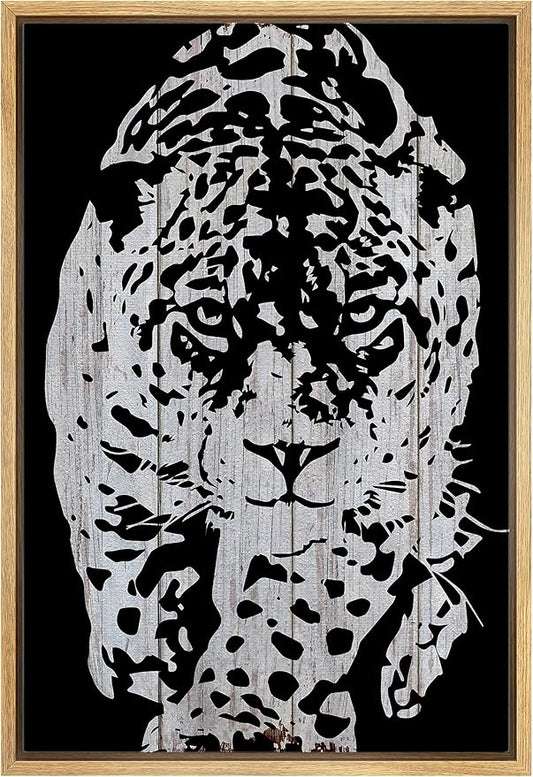 IDEA4WALL Framed Canvas Print Wall Art Grayscale Spotted Leopard Stalking on Wood Panels Animals WildLife Illustrations Modern Art Tropical Portrait for Living Room, Bedroom, Office - 24"x36" NATURAL