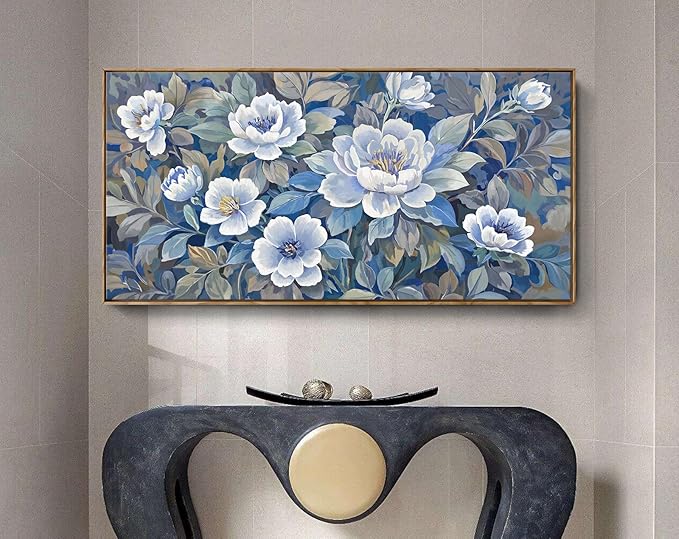 amatop Large Living Room Wall Decor - Floral Canvas Wall Art, Framed Art work, Modern Style Print, Blue Art Decor Picture For Bedroom Dining Room Office 48X24