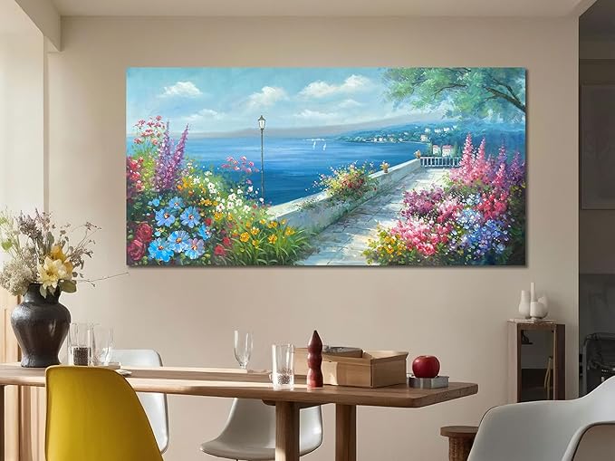 Arjun Blue Landscape Canvas Wall Art for Living Room Ocean Coastal Mediterranean Painting Bedroom, Extra Large Hand Painted Picture Garden Flower Artwork Framed Home Office Wall Decor 58"x29"