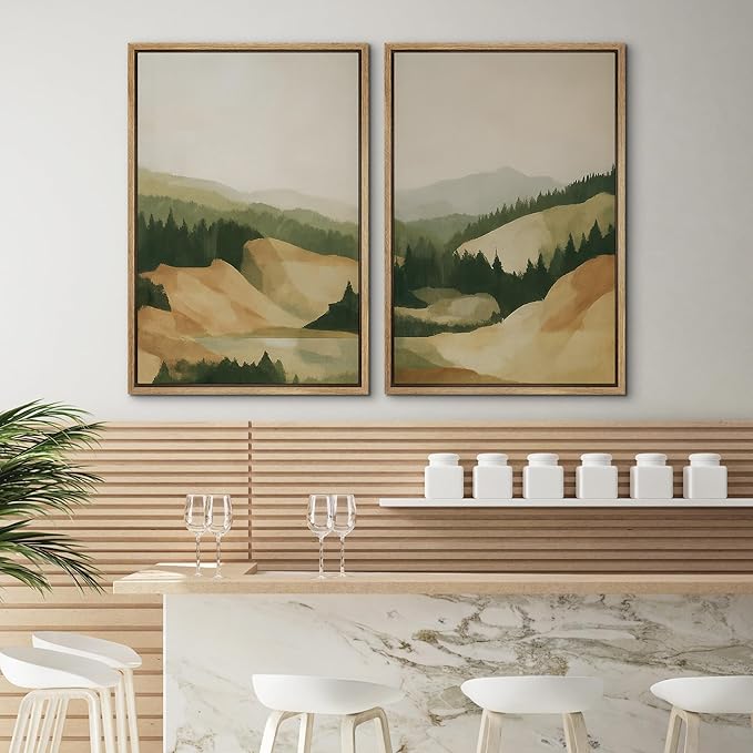 SIGNWIN Framed Canvas Print Wall Art Set Green and Beige Forest Hills Nature Mountain Landscape Illustrations Modern Art Decorative Multicolor for Living Room, Bedroom, Office - 24"x36"x2 Natural