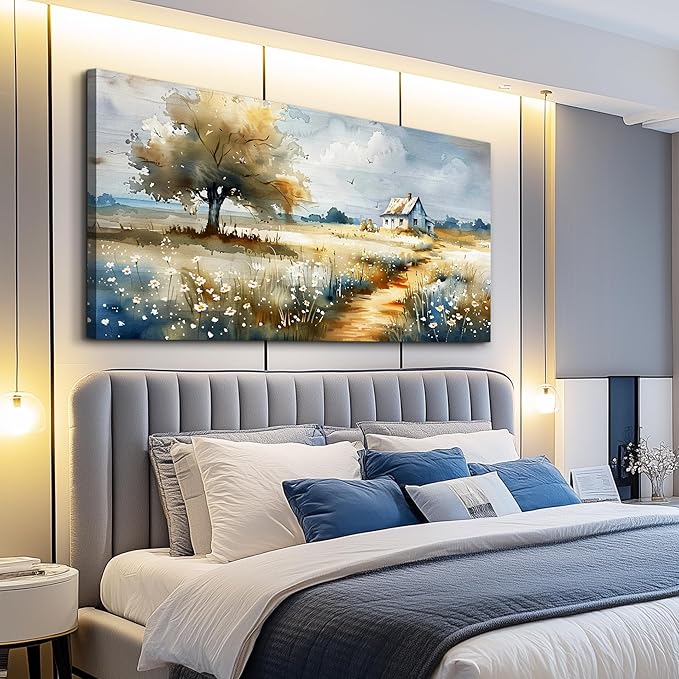 FUHAIHUA Canvas Wall Art For Living Room Large Wall Decor For Bedroom Modern Office Decorations Pastoral Pictures Scenery Watercolour Wall Paintings Artwork Farmhouse Home Decor Mural 24x48 In
