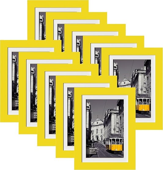 eletecpro 5x7 Picture Frames Set of 10, Picture Frame Collage Wall Decor Display 4x6 Photo with Mat or 5x7 without Mat, Home Decor Gallery Frame for Table Top or Wall Mounting, Yellow