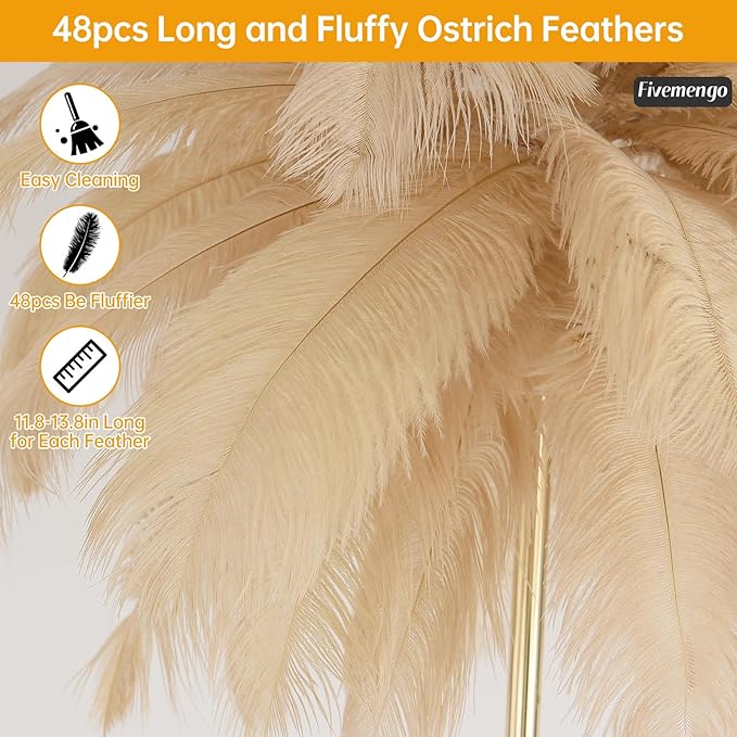 Feather Floor Lamp for Living Room, Fluffy Ostrich Feathers Lamp, Rose Gold Color Body, 3 Color Temperatures Modern Funky Arc Tall Standing Lamp for Bedroom Inclued Bright LED Bulbs (Khaki)
