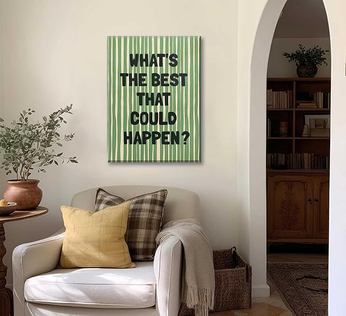 What's The Best That Could Happen Wall Art Green Striped Positive Quotes Canvas Wall Decor Funky Preppy Picture Prints Inspirational Quotes Poster Painting for Bedroom Living Room Picture Framed