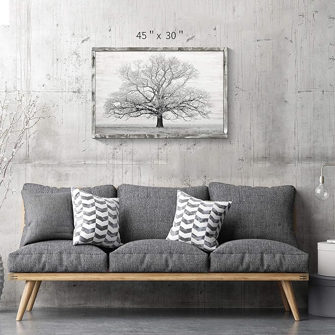 Wooden Winter Tree Wall Art: Farmhouse Foggy Landscape Picture Painting Print on Natural Wood with Handcrafted Rustic Wooden Framed Artwork (45” x 30”)