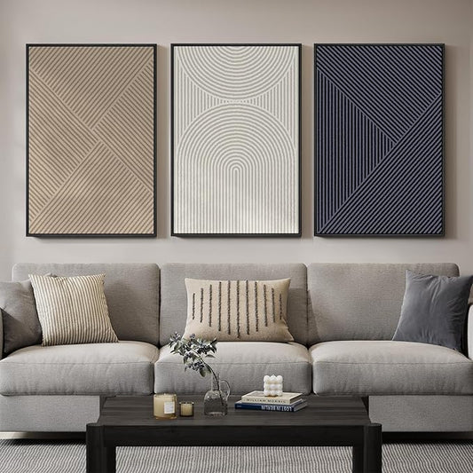 Large Framed Neutral Abstract Wall Art for Living Room, 3 Piece Modern Canvas Prints Paintings, Beige and Deep Blue Minimalist Geometric Pictures for Hallway Dining Bedroom Office Wall Decor 24x36 In