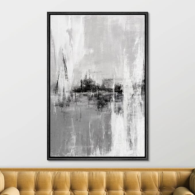 SIGNFORD Framed Canvas Print Wall Art Gray and White Long Brushstrokes Abstract Shapes Illustrations Minimalism Alternative Edgy Dark for Living Room, Bedroom, Office - 16"x24" Black