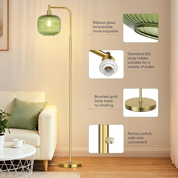 QiMH Glass Floor Lamp for Living Room, Modern Standing Lamp with Green Ribbed Glass Lampshade, Stepless Dimmable Rotary Switch, 67” Tall Lamp for Bedroom Home Decor, Brushed Gold