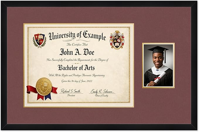 CountryArtHouse Fits 17 x 13 International Diploma and 5 x 7 Photo Diploma and Photo Frame Matte Black Genuine Hardwood with Dark Red Over Metallic Gold Double mat