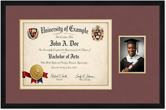 CountryArtHouse Fits 17 x 13 International Diploma and 5 x 7 Photo Diploma and Photo Frame Matte Black Genuine Hardwood with Dark Red Over Metallic Gold Double mat