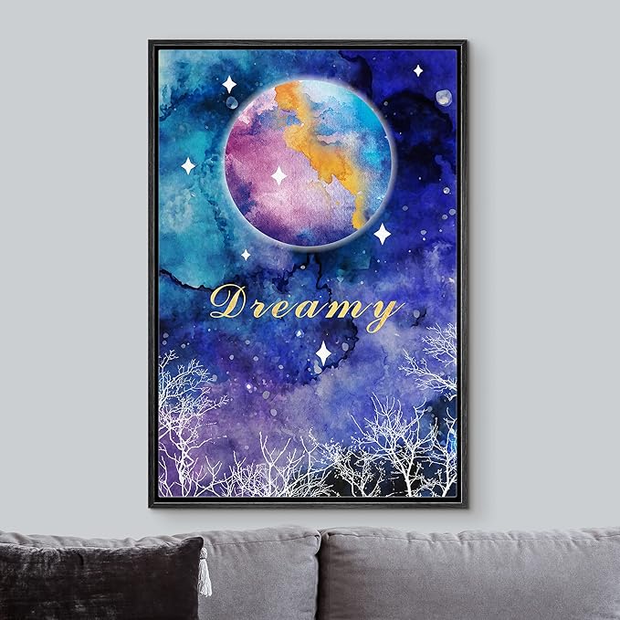 IDEA4WALL Framed Canvas Print Wall Art Dreamy Watercolor Galaxy with Star Covered Moon Astronomy & Space Sky Illustrations Modern Art Glam Colorful for Living Room, Bedroom, Office - 24"x36" BLACK