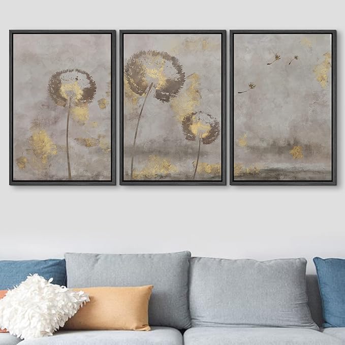 SIGNFORD Framed Canvas Print Wall Art Set Pastel Grunge Country Flower Field Abstract Shapes Illustration Modern Art Decorative Nordic Minimal Zen for Living Room, Bedroom, Office - 24"x36"x3 Black