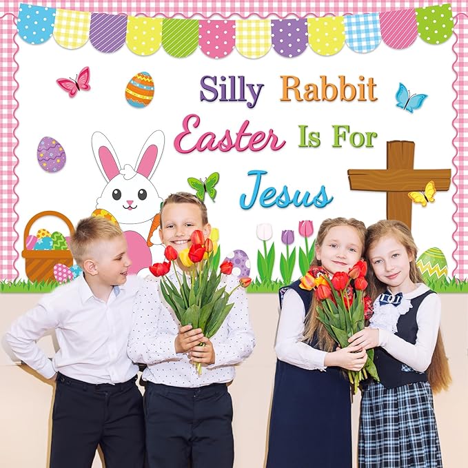 Easter Christian Bulletin Board Decorations Spring Easter Bunny Paper Cutouts Silly Rabbit Easter is for Jesus Religious Bulletin Board for Classroom Bible Sunday School Home Wall Decor Supplies