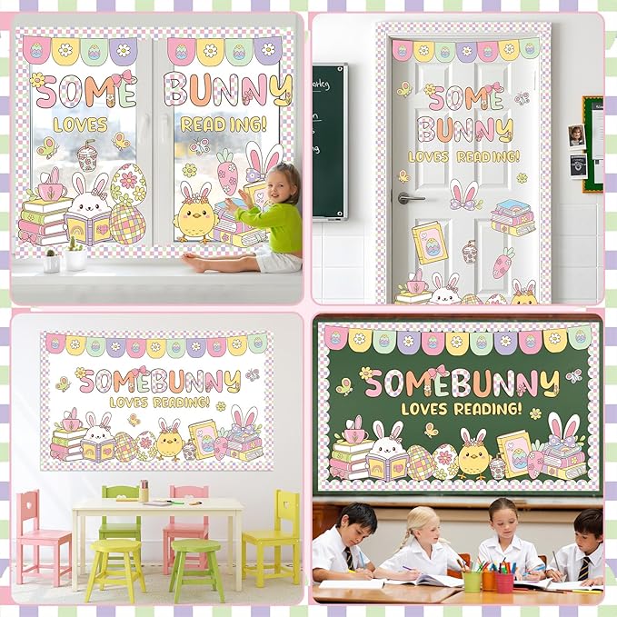 Easter Reading Bulletin Board Set Spring Classroom Decoration Easter Bunny Bulletin Board Egg Paper Cutouts for School Nursery Home Door Wall Party Chalkboard Wall Decor