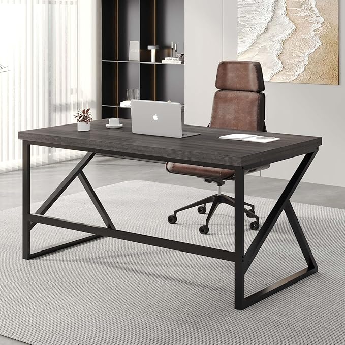 HSH Industrial Home Office Desk, Metal and Wood Computer Desk, Rustic Vintage Soho Work Study Writing Table, Modern PC Desk for Livingroom Bedroom, Farmhouse Computer Table Grey 55 inch Wide