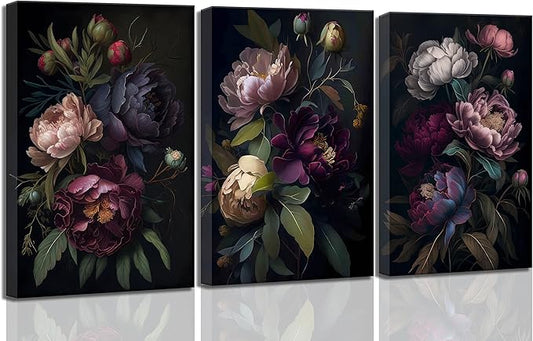 3 Pcs Moody Floral Canvas Wall Art Vintage Dark Peony Flowers Botanical Still Life Painting Picture Wall Decor Poster Print Artwork for Living Room Bedroom Women Room Home Decoration