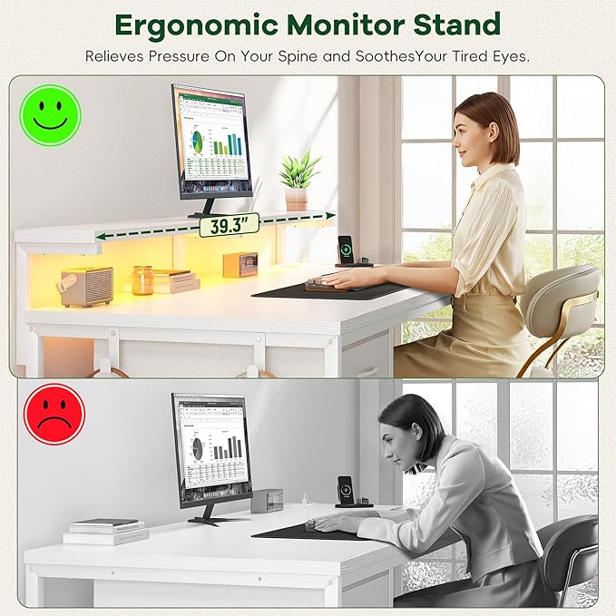 39.3Inch Computer Desk with Power Outlet & Drawer,Gaming Desk with CPU Stand& LED Lights,Corner Office Desk with Ergonomic Monitor Stand for Home Work, Study and Gaming, Small Spaces,White
