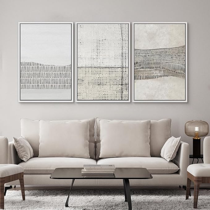 SIGNWIN Framed Canvas Print Wall Art Set Grunge Black Tan Line Art Landscape Abstract Shapes Cozy Neutral Modern Art Decorative Contemporary Minimal for Living Room, Bedroom, Office - 24"x36"x3 White