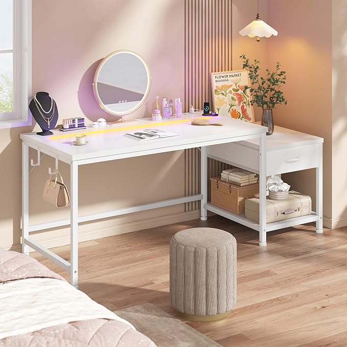 56 Inch White Desk with Drawers & Shelf to Storage,Computer Desk with Power Outlet & LED Lights,Reversible Office Desk with Hooks for Headphone,Bags,Desk for Bedroom,Dorm,Teens Study Room