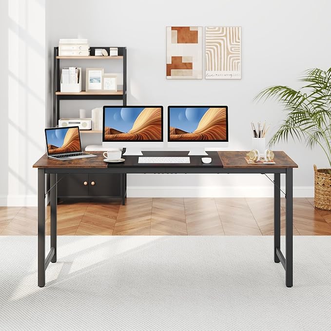 Giantex 63 Inch Computer Desk, Modern Simple Office Desk with Triangle Structure Metal Frame, Computer Workstations for Home Office, Study, Conference Room, Rustic Brown and Black