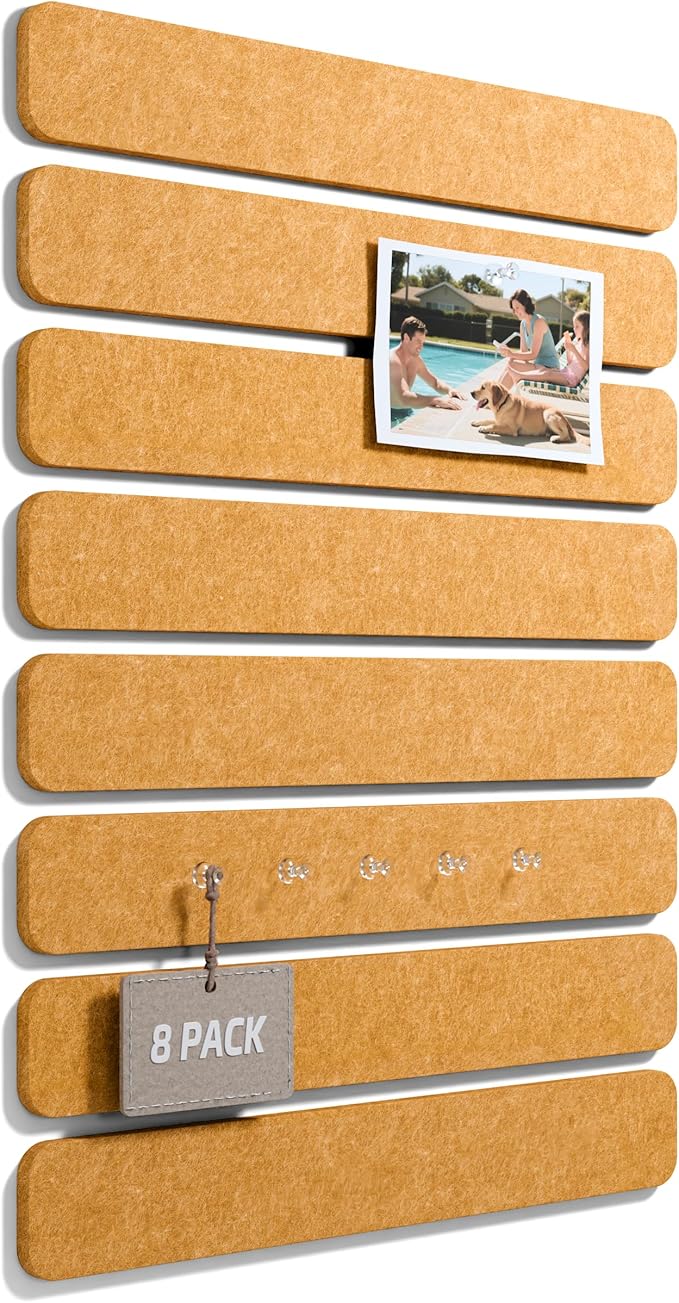 Fluxynara Cork Board Alternative Felt Strip Board 8-Pack 13"x2", Office Pin Board with 50 Push Pins, Adhesive Install for Bedroom Door & Home Office(Sunset Yellow)