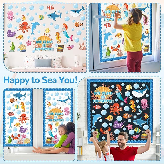 gisgfim Under The Sea Bulletin Board Decoration Set Classroom Sea Animals Cutouts Borders for School Decor Ocean Theme Summer Welcome Bulletin Board Craft Door Home Wall(Our Class is Fin-Tastic)