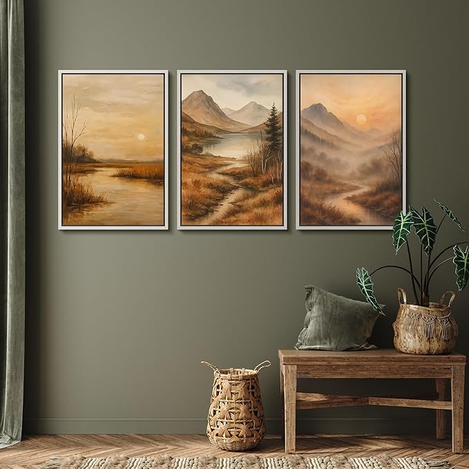 SIGNFORD Framed Wall Art Print Set Golden Hour Mountain River Serene Nature Landscape Digital Art Modern Art Contemporary for Living Room, Bedroom, Office - 16"x24"x3 White