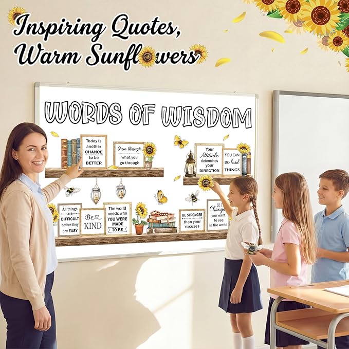 Qilery Sunflower Bulletin Board Decorations Set - Rustic Farmhouse Classroom Decor with Inspirational Quotes Cutouts, Motivational Wall Art for Teachers, Preschool, Library & Spring School Supplies