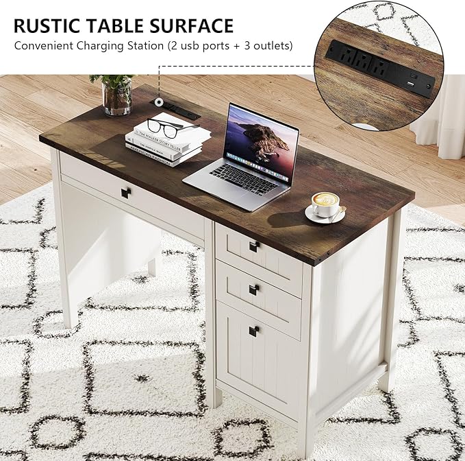 Farmhouse Executive Desk 45 inch Computer Desk with 4 Drawers, Smart Charging Station, Home Office & Study Room Essential for Remote Workers, Professionals & Students.Antique White