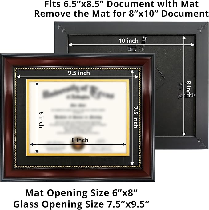 GraduationMall 6x8 Diploma Frame with Black over Gold Mat or Display 8x10 Document without Mat, Tempered Glass, Mahogany with Gold Beads