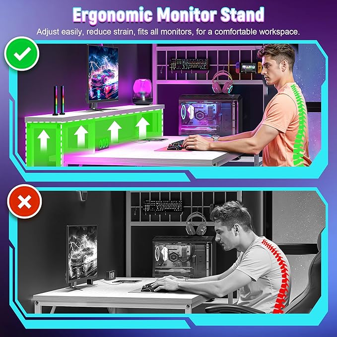 63" Gaming Desk with LED Lights & Outlets,Computer Desk with Drawers & Monitor Stand,Gaming Table with Storage Shelves & Printer Space for Game Room,Study Room,Home Office,Bedroom,White