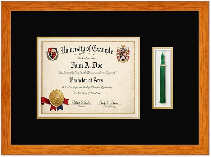 CountryArtHouse Diploma and Tassel Frame Fits 10 x 8 Professional License with Tassel Hook Honey Oak Genuine Hardwood Shadowbox with Black Over Metallic Gold Double mat