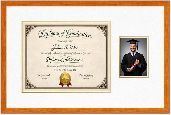 Diploma Frame With Photo Opening Honey Oak Oyster Shell Over Gold Mat - Fits 15 x 12 Degree and Picture Made in the USA