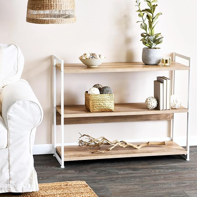 Household Essentials Jamestown Wide 3 Shelf Open Storage Bookshelf Coastal Oak Rustic Wood Grain and White Metal