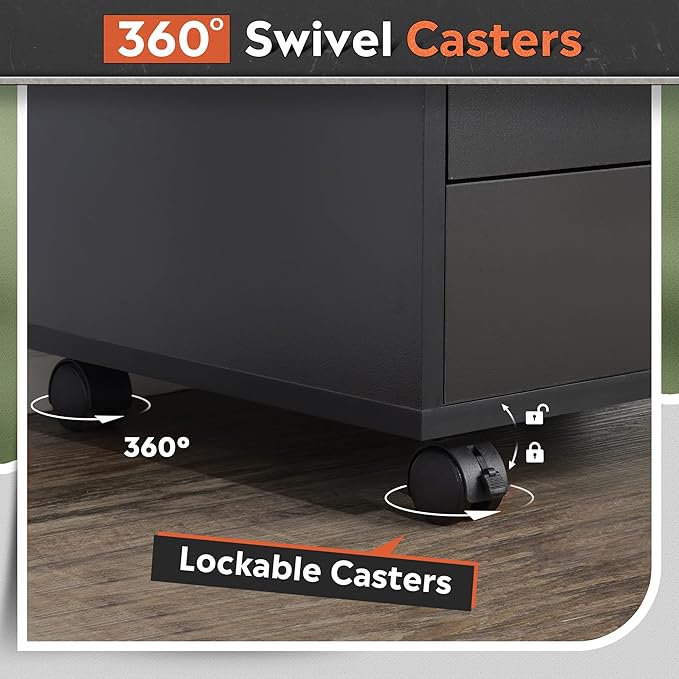 DEVAISE 7-Drawer Office Cabinets, Wood Storage Drawer File Cabinet with Wheels, Black