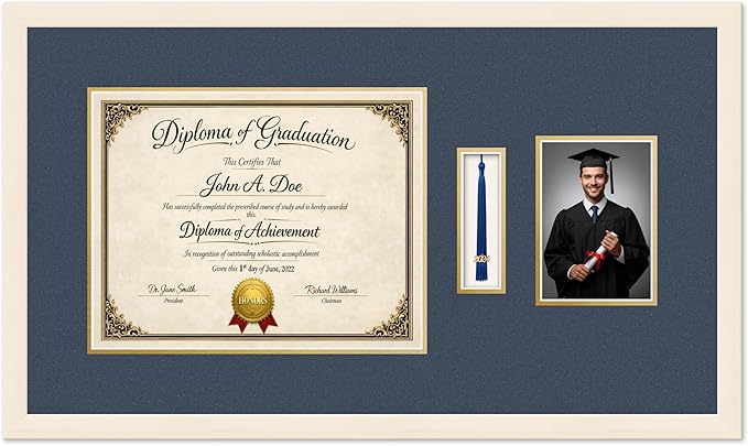 Diploma Tassel and Photo Frame Coastal Whitewash Shadowbox Navy Blue Over Gold Mat - Fits 14 x 11 Degree Picture Made in the USA