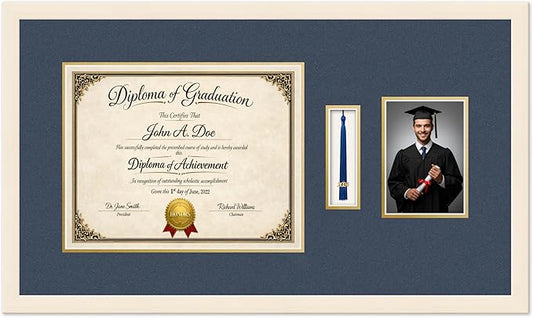 Diploma Tassel and Photo Frame Coastal Whitewash Shadowbox Navy Blue Over Gold Mat - Fits 14 x 11 Degree Picture Made in the USA