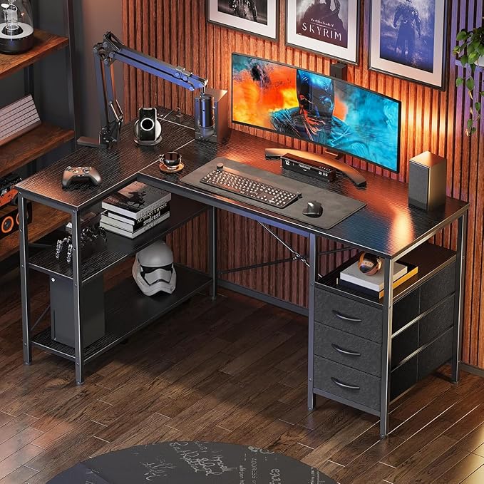 Simple Deluxe L Shaped Gaming Desk with Power Outlets, 47 Inch Computer Desk with 3 Drawers, Shelves, Corner Computer Desk for Gaming, Corner Work, Home Office, Study, Black