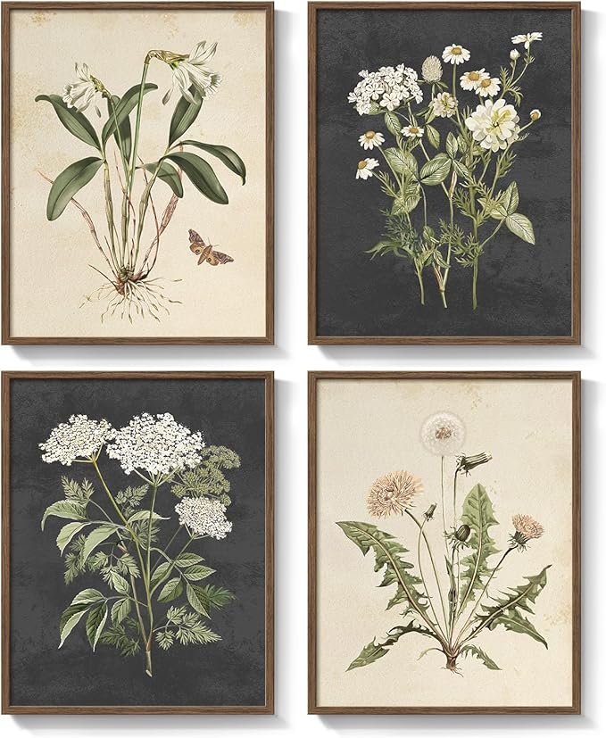 Framed Botanical Wall Art for Living Room, 4 Piece Rustic Floral Canvas Paintings Prints ArtWork for Walls, Vintage Flower Butterfly Pictures for Farmhouse Dining Room Hallway Bedroom Kitchen Bathroom Wall Decor