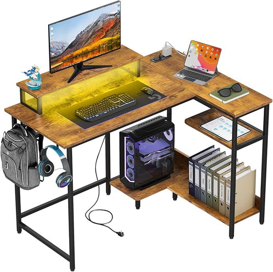 DEVAISE 43 Inch L Shaped Gaming Desk with LED Lights & Power Outlets, Corner Desk for Small Spaces, Sturdy PC Computer Table with Storage for Home Office, Rustic Brown