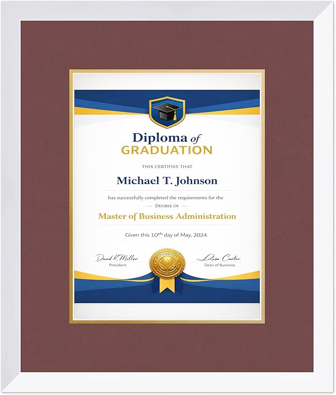 Diploma Frame Bright White with Dark Red Over Gold Double Mat - Fits 10 x 13 College Diploma (Portrait Traditional) Wall Display Made in the USA