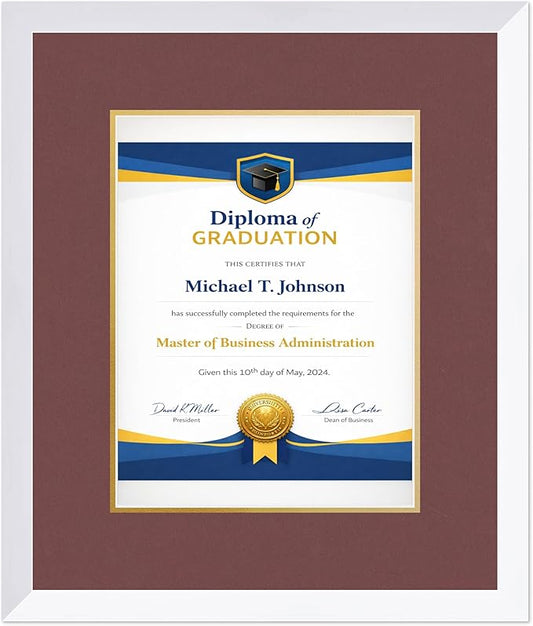 Diploma Frame Bright White with Dark Red Over Gold Double Mat - Fits 10 x 13 College Diploma (Portrait Traditional) Wall Display Made in the USA