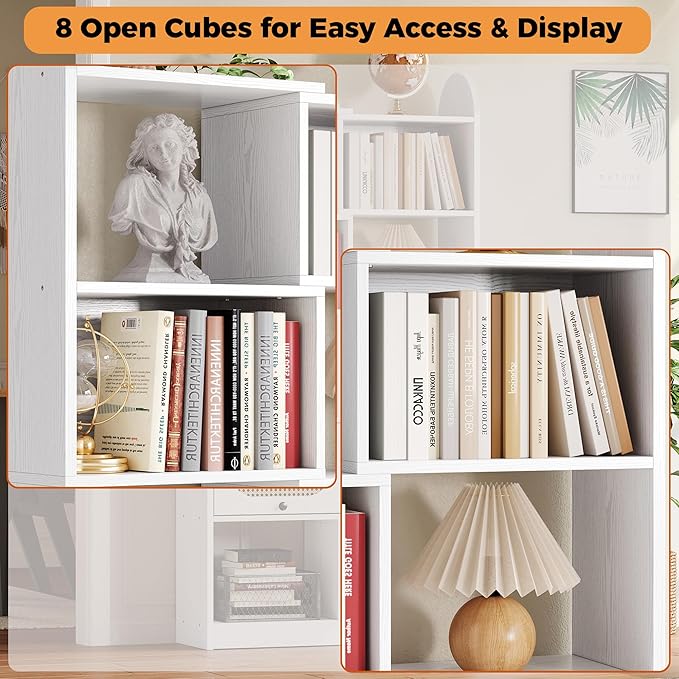 IRONCK Bookshelf and Bookcase with 2 Rattan Design Flip-top Storage Cabinets, 6 Tier 8 Cube Bookcases Storage Shelves Organizer for Living Room, 35.4" White