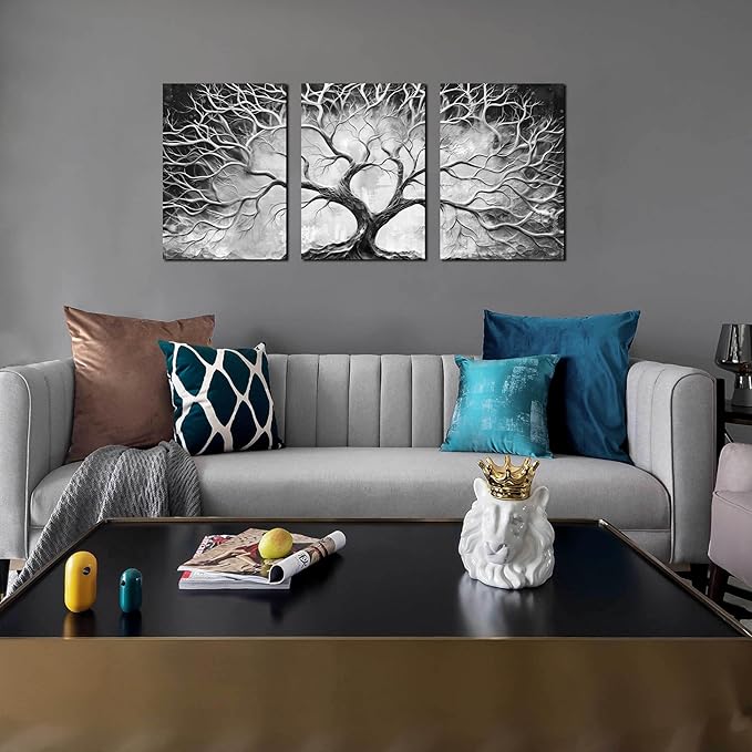 Tree Pictures Wall Art for Living Room - Black and White Canvas Wall Art for Bedroom - Home Office Decor Wall Size 16" x 24" x 3 Pieces