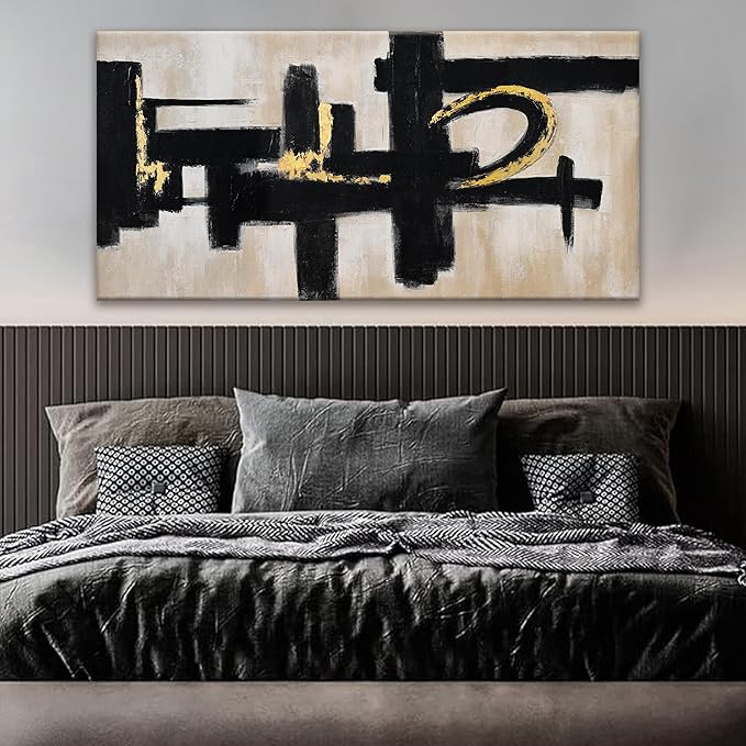 Black And Off-White Abstract Wall Art 24 x 48 Inches Modern Picture Paintings On Canvas Art Wall Decor Minimalist Textured Abstract Wall Decor Painting For Living Room Office Home Wall Decorations