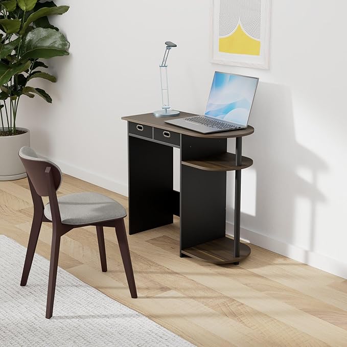 Furinno GO GREEN Desk, 31.5" Wide Gaming Desk with 2 Side Shelves and Storage Bins, Computer Desk, Office Desk for Home Office, Study Room, Dorm, Bedroom, Columbia Walnut
