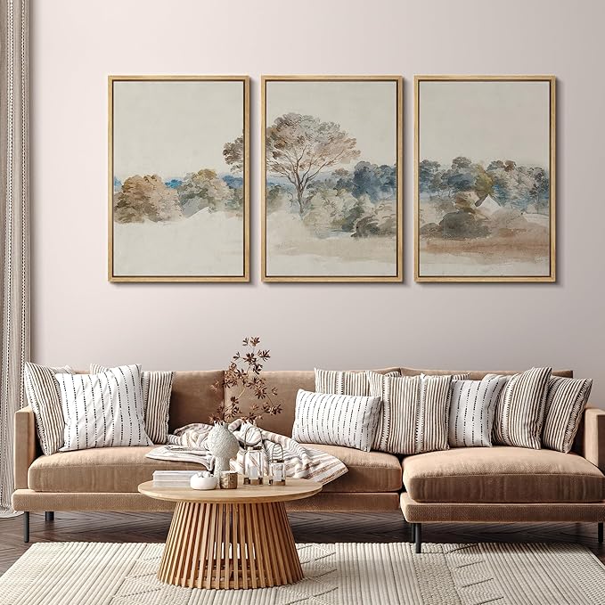 SIGNFORD Framed Wall Art Print Set Pastoral Elegance Soft Watercolor Trees and Fields Illustrations Modern Decorative Multicolor Relax/Calm Chic for Living Room, Bedroom, Office - 24"x36"x3 Natural
